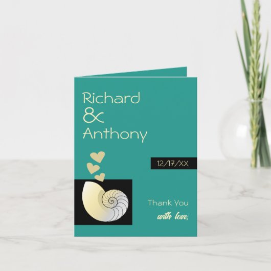 Zeeschelp en harten, strand bruiloft bedankkaart (Voorkant)