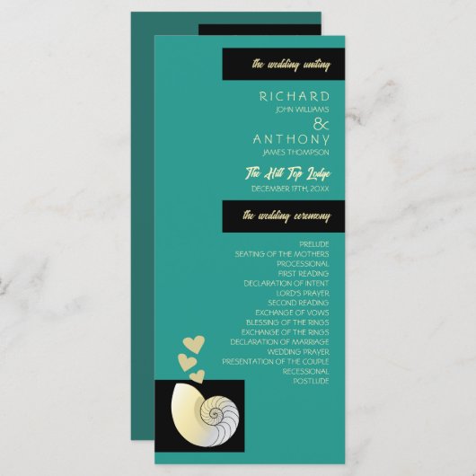 Zeeschelp en harten, strand bruiloft programma (Voorkant / Achterkant)