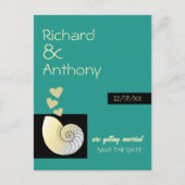 Zeeschelp en harten, strand bruiloft Save the Date Aankondigingskaart (Voorkant)