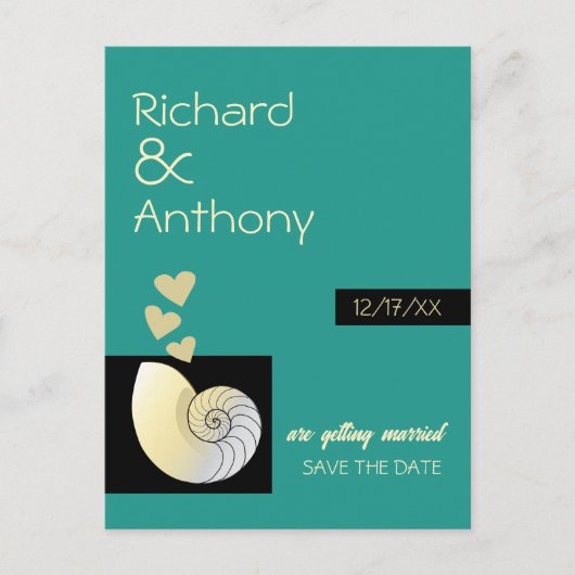Zeeschelp en harten, strand bruiloft Save the Date Aankondigingskaart (Voorkant)