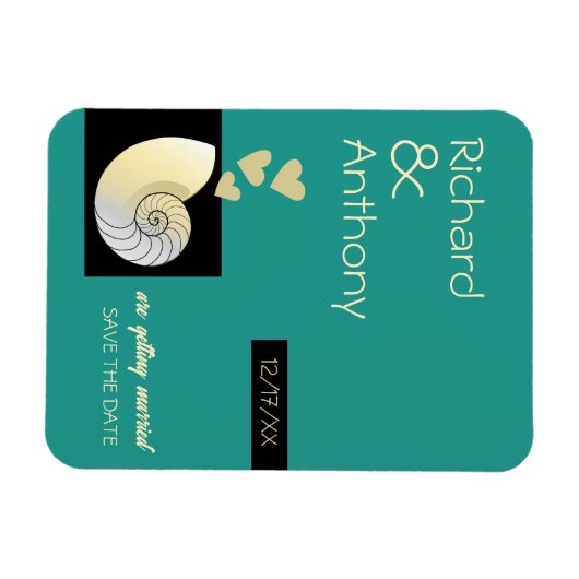 Zeeschelp en harten, strand bruiloft Save the Date Magneet (Horizontaal)