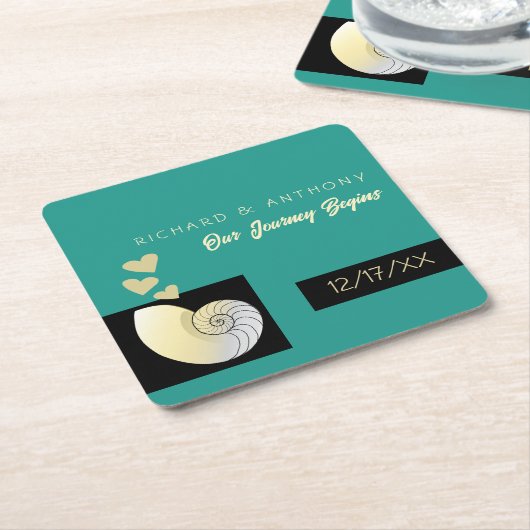 Zeeschelp en harten, strand bruiloft vierkante kartonnen onderzetter (Schuin)