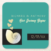 Zeeschelp en harten, strand bruiloft vierkante kartonnen onderzetter (Voorkant)