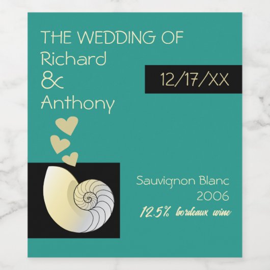 Zeeschelp en harten, strand bruiloft wijn etiket (Enkel label)