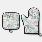 Zeeschelp zeester patroon blauw en Blauwgroen Ovenwant & Pannenlap Set (Voorkant)