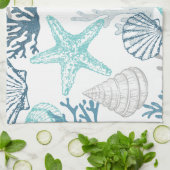 Zeeschelp zeester patroon blauw en Blauwgroen Theedoek (Gevouwen)