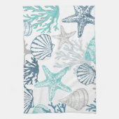 Zeeschelp zeester patroon blauw en Blauwgroen Theedoek (Verticaal)