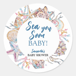 Zeeschelp Zie je snel Baby Shower Ronde Sticker