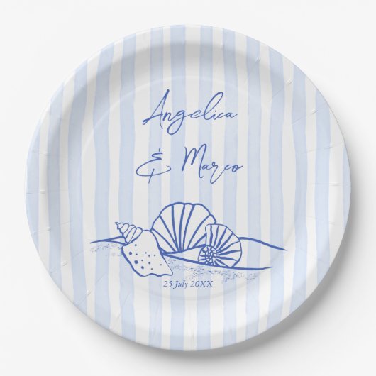 Zeeschelpen blauw golvende grens strand bruiloft m papieren bordje (Voorkant)