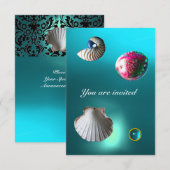 ZEESCHELPEN DAMAST PATROON STRAND BRUILOFT blauw a Kaart (Voorkant / Achterkant)