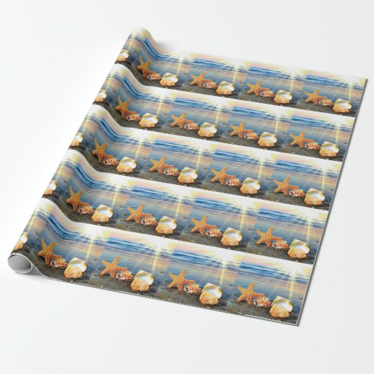 Zeeschelpen en zeesterkreeft op het strand cadeaupapier (Uitgerold)