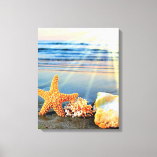 Zeeschelpen en zeesterkreeft op het strand canvas afdruk