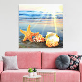 Zeeschelpen en zeesterkreeft op het strand canvas afdruk (Insitu (Woonkamer))