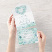 Zeeschelpen hart waterverf strand bruiloft aqua all in one uitnodiging (Afscheurbaar)