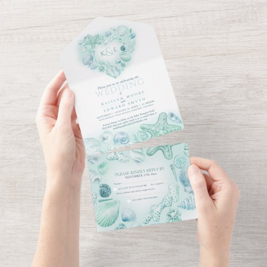 Zeeschelpen hart waterverf strand bruiloft aqua all in one uitnodiging (Afscheurbaar)