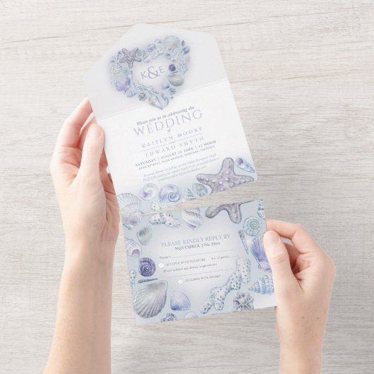 Zeeschelpen hart waterverf strand bruiloft blauw all in one uitnodiging (Afscheurbaar)