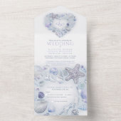 Zeeschelpen hart waterverf strand bruiloft blauw all in one uitnodiging (Binnen)