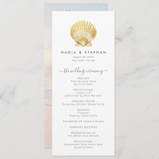 Zeeschelpen Nautisch Strand Bruiloft Goud Modern Programma (Voorkant / Achterkant)