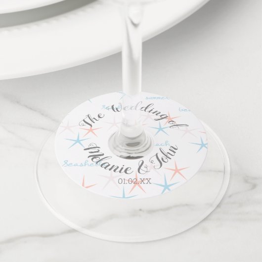 Zeeschelpen Sterfish Strand Bruiloft- Koppelnnaam Wijnglaslabel (Dichtbij)