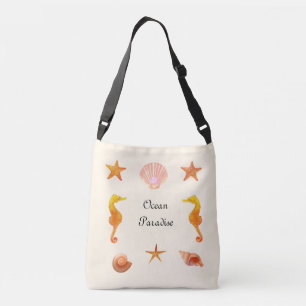 Zeeschelpen, sterren calligrafie & zeepaardjes op crossbody tas