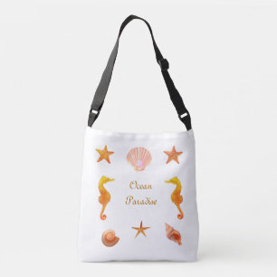 Zeeschelpen, sterren calligrafie & zeepaardjes op crossbody tas