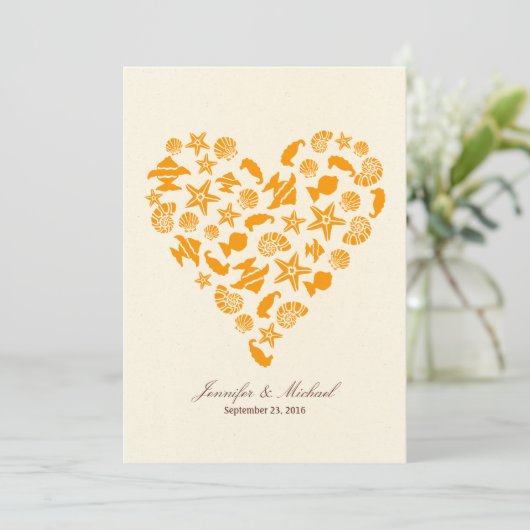 Zeeschelpen & Zeestervis Hart Zomer Strand Bruilof Kaart (Staand voorkant)