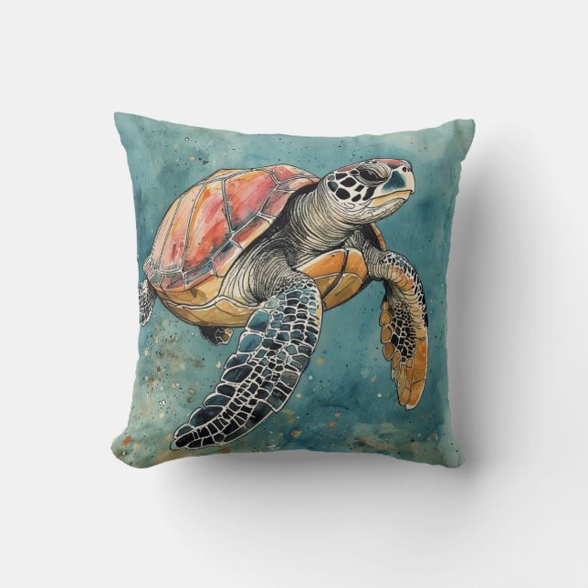 Zeeschildpad Aquarel Kussen (Voorkant)