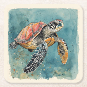 Zeeschildpad Aquarel Vierkante Kartonnen Onderzetter
