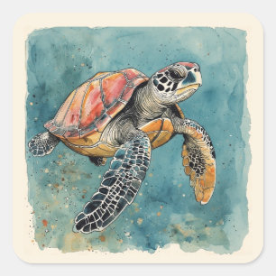 Zeeschildpad Aquarel Vierkante Sticker
