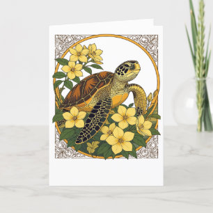 Zeeschildpad en gele gelsemium bloemen feestdagen kaart
