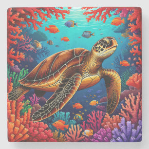 Zeeschildpad en Levendig Koraalrif Stenen Onderzetter