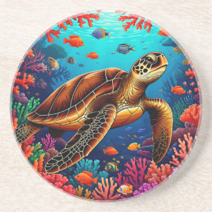 Zeeschildpad en Levendig Koraalrif Zandsteen Onderzetter