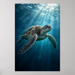 Zeeschildpad glijdt door zonovergoten blauwe oceaa poster