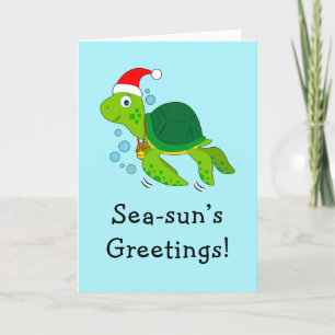 Zeeschildpad in een Kerstmannenhoed Oceaan Kerstmi Feestdagen Kaart