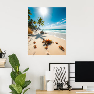 Zeeschildpad & Krabben op Tropisch Strand – Serene Poster