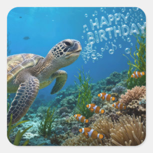 Zeeschildpad met verjaardagsbellen vierkante sticker