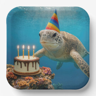 Zeeschildpad met verjaardagstaart papieren bordje
