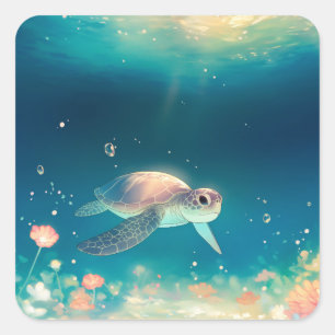 Zeeschildpad zwemt in gloeiend onderwater vierkante sticker