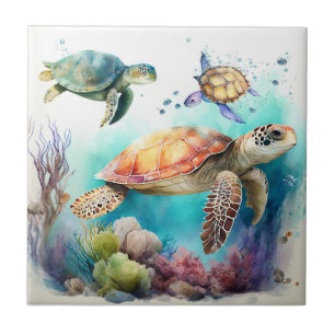 Zeeschildpadden, Aquarel, Koraalrif Keramische Teg Tegeltje
