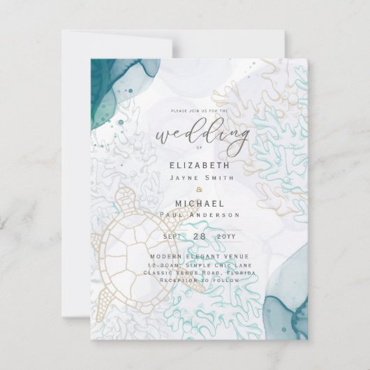 Zeeschildpadden Oceaanleven Strand Theel Bruiloft Kaart (Voorkant)