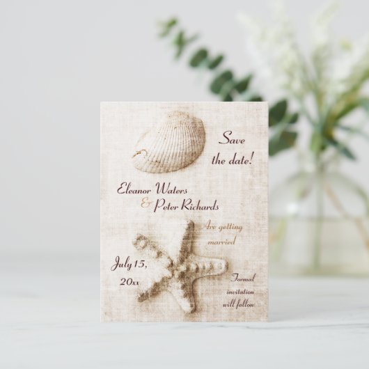 zeeschok en strandbruiloft aankondigingskaart (Staand voorkant)