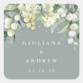 Zeeschuim Groene Snowberry+Eucalyptus Bruiloft Vierkante Sticker (Voorkant)