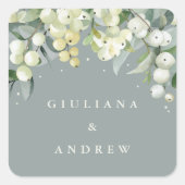 Zeeschuim Groene Snowberry+Eucalyptus Bruiloft Vierkante Sticker (Voorkant)