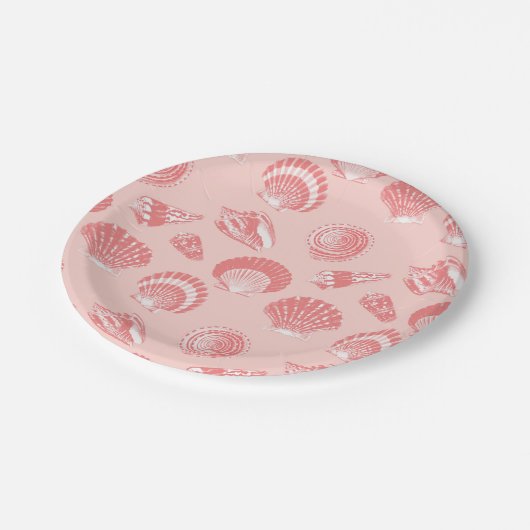 Zeeshellen - koraalroze en wit papieren bordje (Gekanteld)