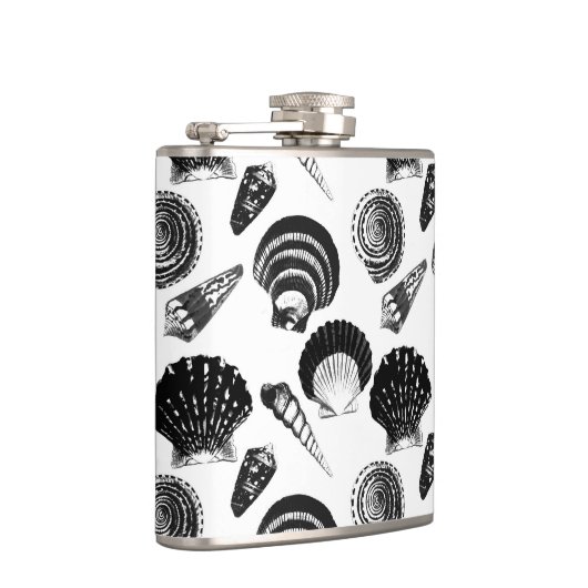 Zeeshellen - zwart-wit op witte achtergrond heupfles (Rechts)