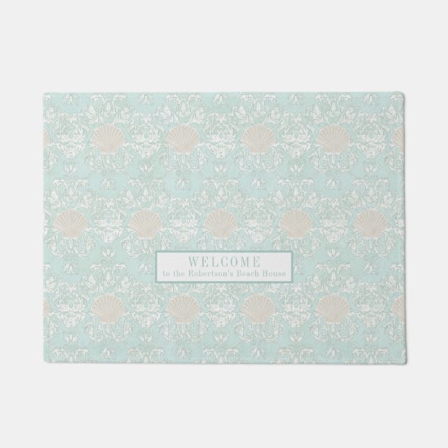Zeeshells Beach Seaside Blue White Damask Patroon Deurmat (Voorkant)