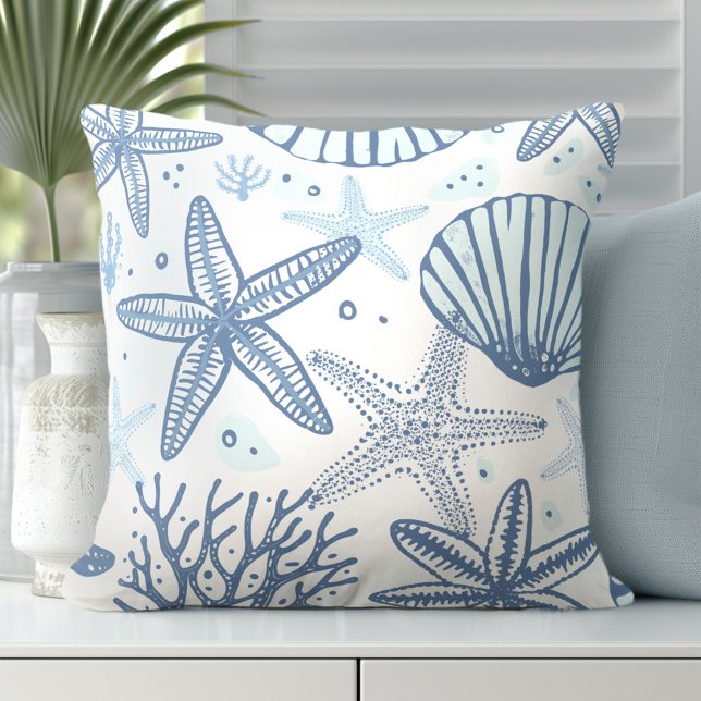 Zeester Blauw Wit Sierkussen (Discover Gorgeous Coastal Throw Pillows by Totally Coast.)