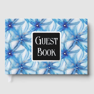 Zeester blauw wit waterverf strandpatroon folie gastenboek
