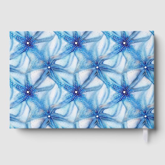 Zeester blauw wit waterverf strandpatroon folie gastenboek (Achterkant)