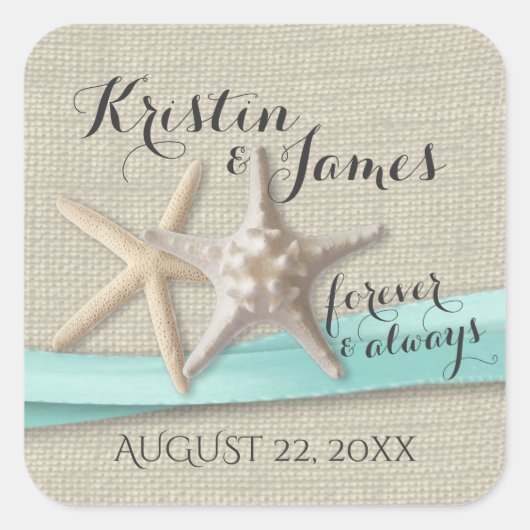 Zeester en Aqua Lint Vierkante Sticker (Voorkant)